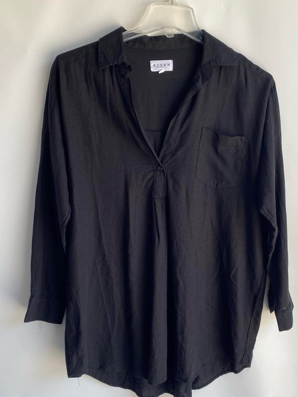 Risen brand black linen v neck collared tunic shirt minimal capsule wardrobe S